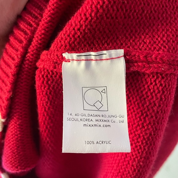 Mixxmix HEART CLUB Embroidered Logo Contrast Strips Knit Cardigan Red - Picture 8 of 9